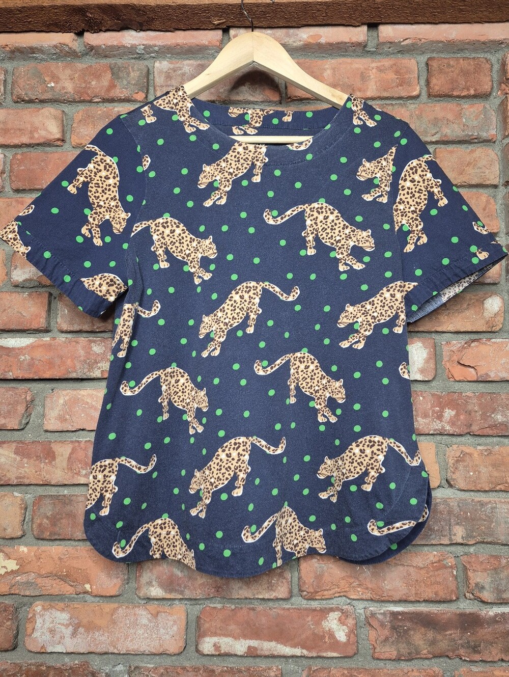 Maeve by Anthropologie Leopard Print 100% Cotton Top Green Polka Dot M